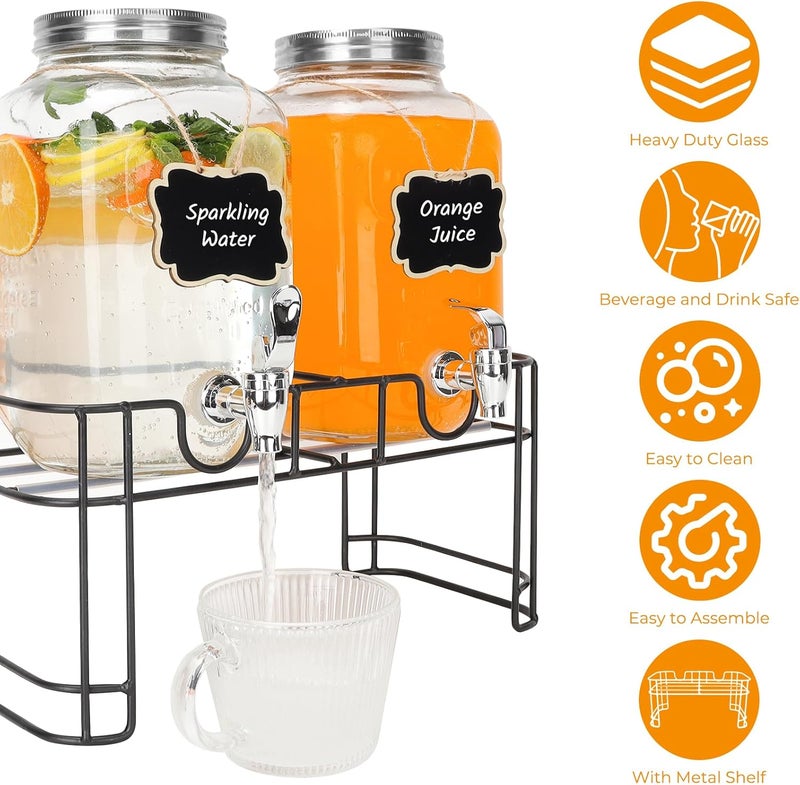 Waymind 1 Gallon Glass Drink Dispensers, 2 Pack Clear Beverage Dispenser with Stand and Spigot for Parties, Drink Dispenser with Ice Core and Sticker for BBQ, Picnic, Lemonade Dispenser - Image 3